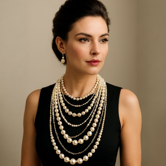 Elegant Multi-Strand Simulated Pearl Adjustable Statement Necklace and Earrings - Picture 1 of 11